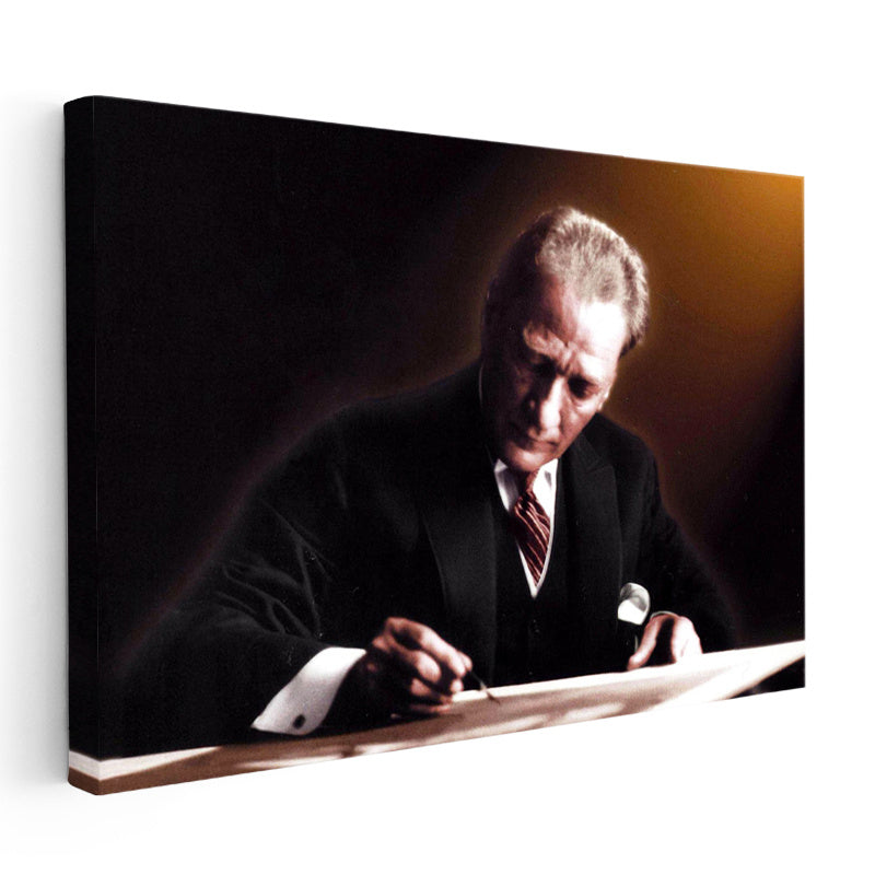 Yatay Kanvas Tablo Atatürk Masada İmza Anı Atatürk Tablosu Ev Ofis Duvar Dekoru