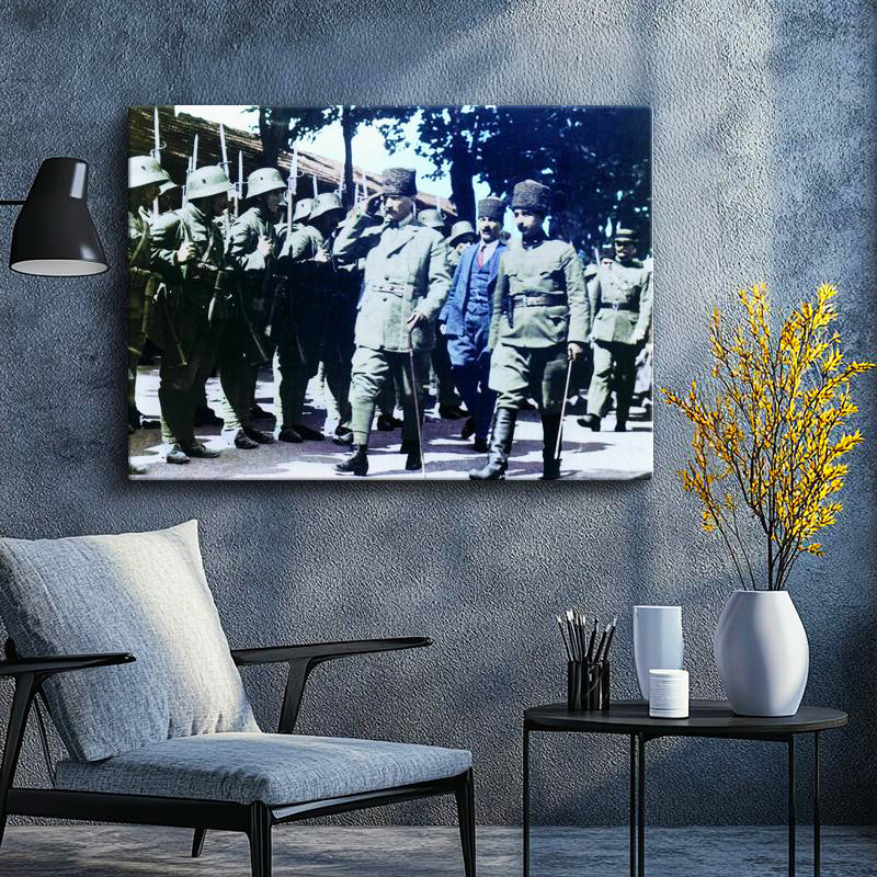 Yatay Kanvas Tablo Atatürk Askeri Tören Teftiş Atatürk Tablosu Ev Ofis Duvar Dekoru
