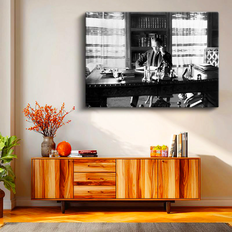 Yatay Kanvas Tablo Atatürk Kütüphane Çalışma Atatürk Tablosu Ev Ofis Duvar Dekoru