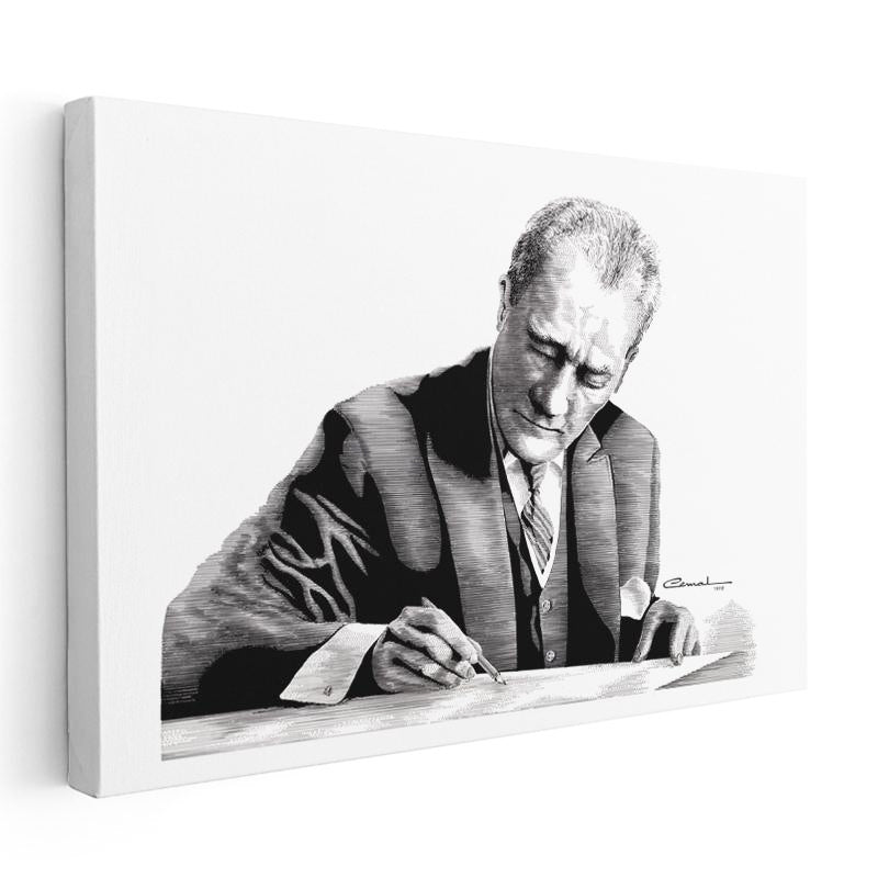 Yatay Kanvas Tablo Atatürk Çizim Yazı Yazarken Atatürk Tablosu Ev Ofis Duvar Dekoru