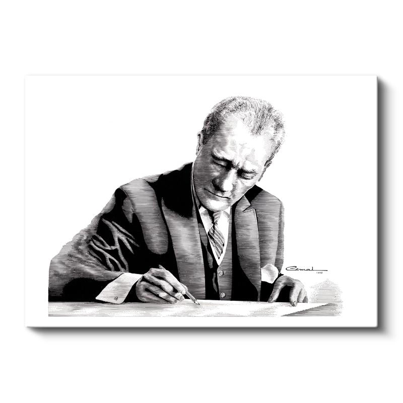 Yatay Kanvas Tablo Atatürk Çizim Yazı Yazarken Atatürk Tablosu Ev Ofis Duvar Dekoru