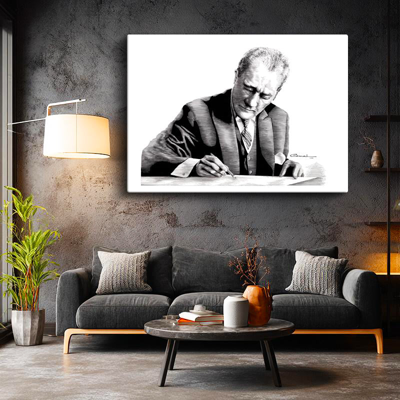 Yatay Kanvas Tablo Atatürk Çizim Yazı Yazarken Atatürk Tablosu Ev Ofis Duvar Dekoru