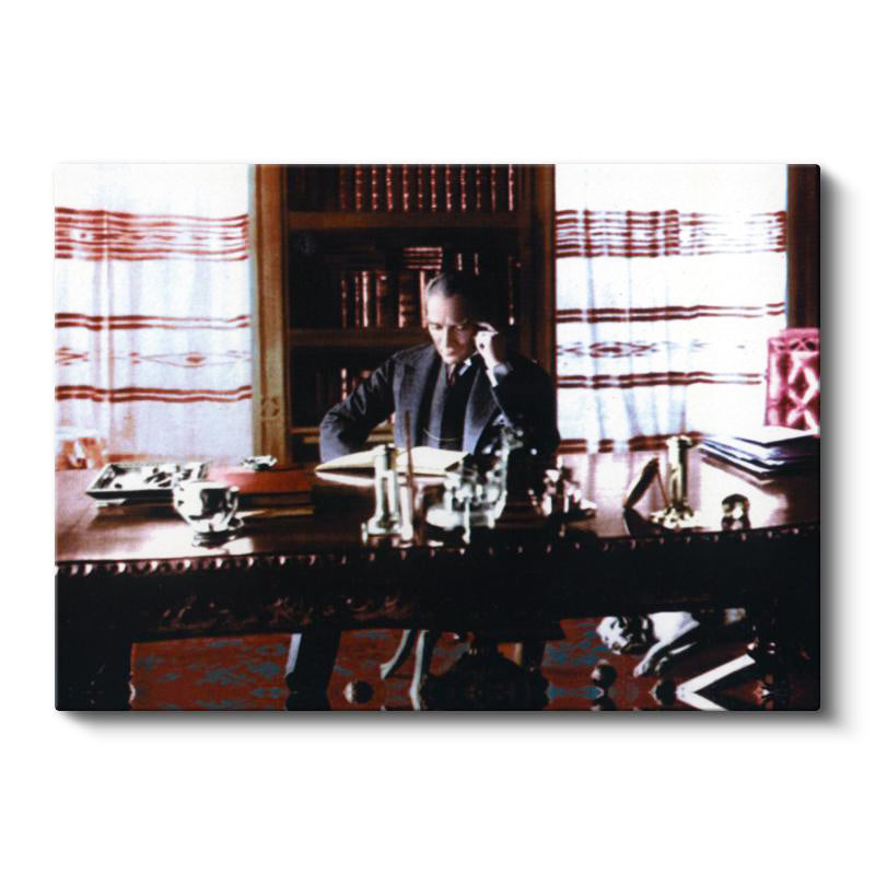 Yatay Kanvas Tablo Atatürk Çalışma Odası Kitaplık Atatürk Tablosu Ev Ofis Duvar Dekoru