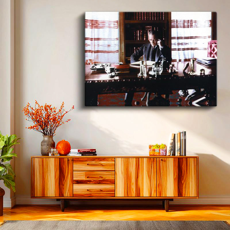 Yatay Kanvas Tablo Atatürk Çalışma Odası Kitaplık Atatürk Tablosu Ev Ofis Duvar Dekoru