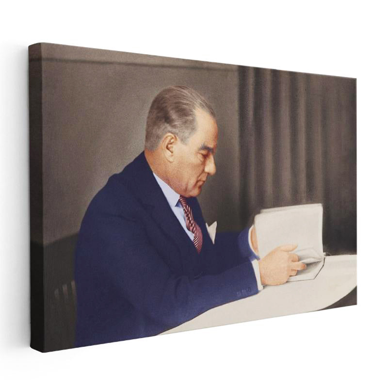 Yatay Kanvas Tablo Atatürk Mavi Takım Kitap İnceleme Atatürk Tablosu Ev Ofis Duvar Dekoru