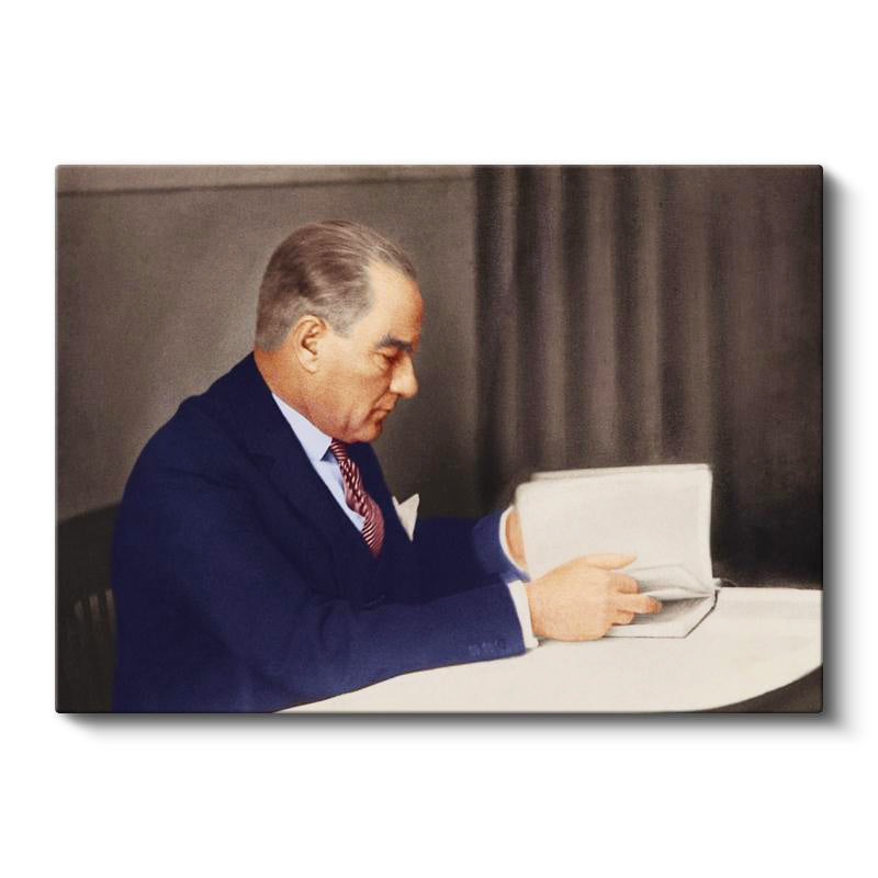 Yatay Kanvas Tablo Atatürk Mavi Takım Kitap İnceleme Atatürk Tablosu Ev Ofis Duvar Dekoru