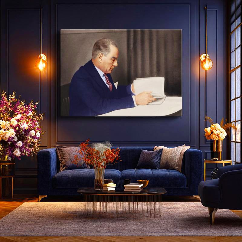Yatay Kanvas Tablo Atatürk Mavi Takım Kitap İnceleme Atatürk Tablosu Ev Ofis Duvar Dekoru
