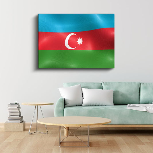 Azerbaycan Bayrağı - Dalgalı Görünüm Kanvas Tablo