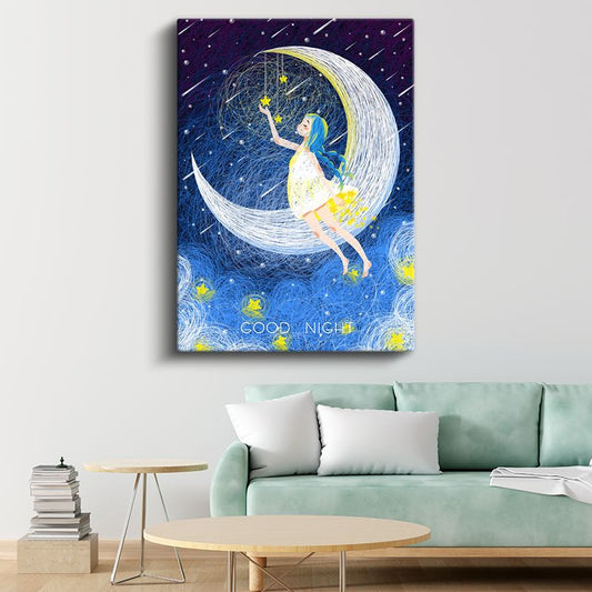 Ay Prensesi - Yıldızları Toplayan Kız Kanvas Tablo