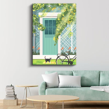 Yeşil Kapı - Çiçekli Bahçe ve Minik Dostlar Kanvas Tablo