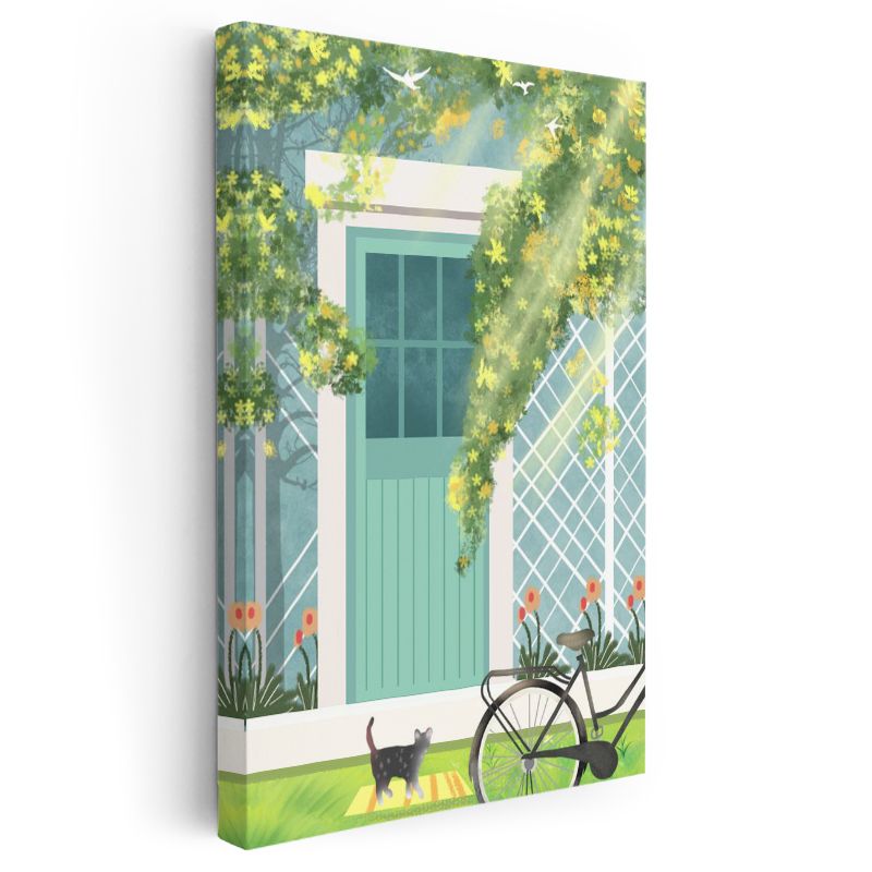 Yeşil Kapı - Çiçekli Bahçe ve Minik Dostlar Kanvas Tablo