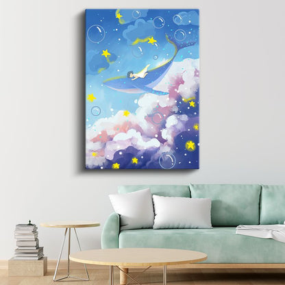 Balina Sırtında Yolculuk - Yıldızlı Gökyüzünde Macera Kanvas Tablo