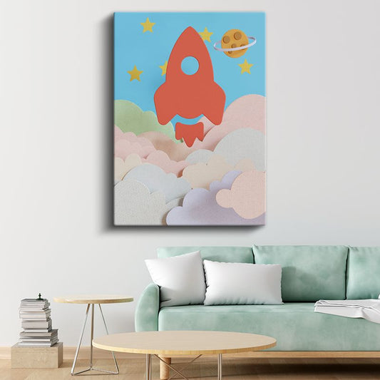 Uzay Roketi - Bulutlar Arasında Heyecanlı Yolculuk Kanvas Tablo