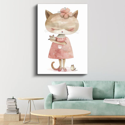 Kedi ve Fare - Pembe Elbiseli Sevimli Dostlar Kanvas Tablo