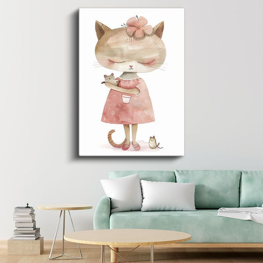 Kedi ve Fare - Pembe Elbiseli Sevimli Dostlar Kanvas Tablo