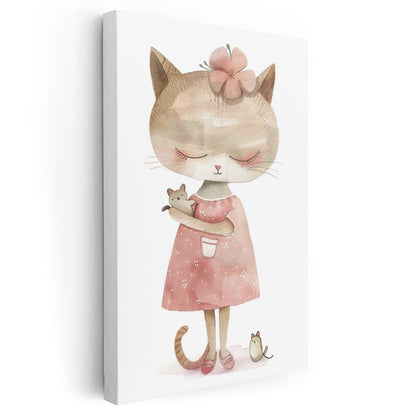 Kedi ve Fare - Pembe Elbiseli Sevimli Dostlar Kanvas Tablo