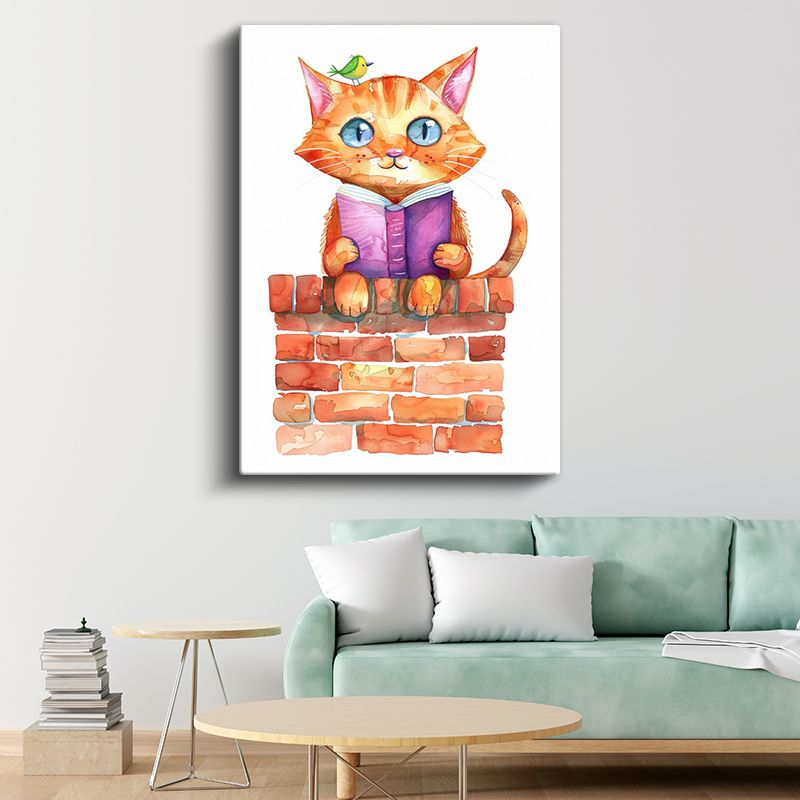 Kitapsever Kedi - Minik Kuşla Okuma Keyfi Kanvas Tablo