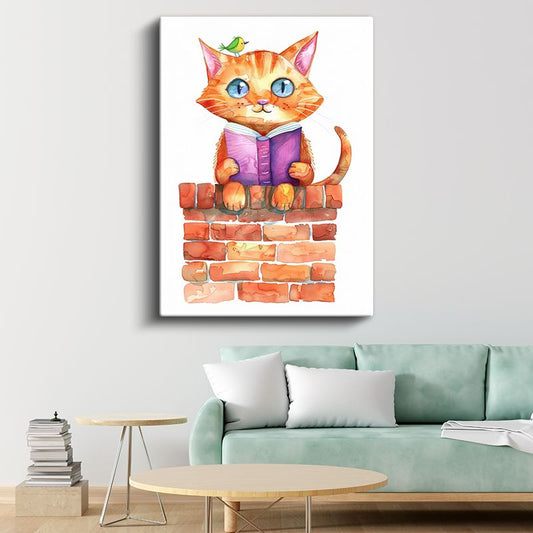 Kitapsever Kedi - Minik Kuşla Okuma Keyfi Kanvas Tablo
