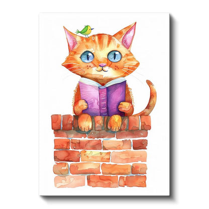 Kitapsever Kedi - Minik Kuşla Okuma Keyfi Kanvas Tablo