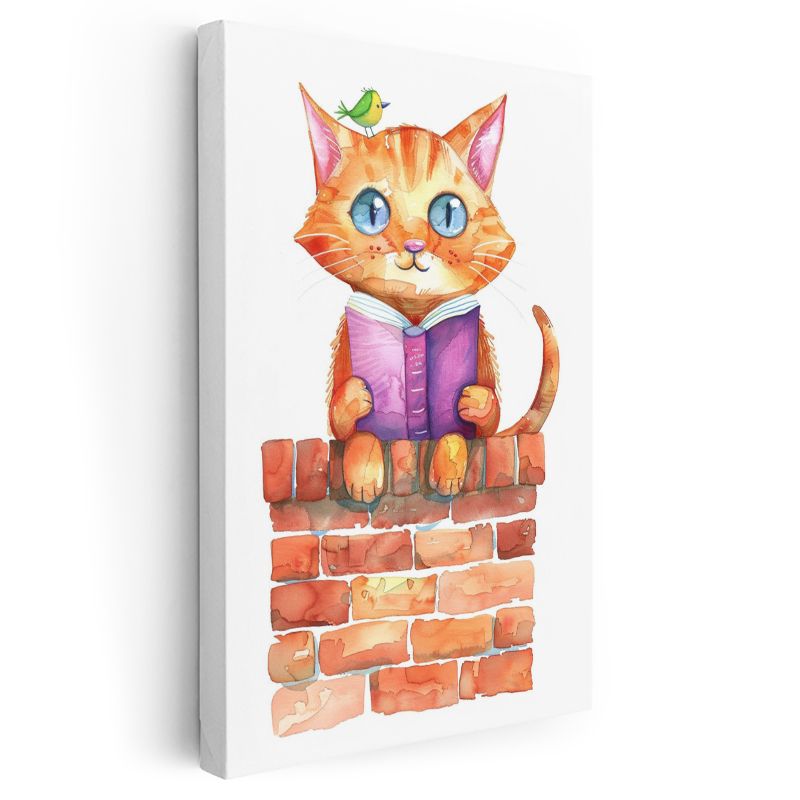 Kitapsever Kedi - Minik Kuşla Okuma Keyfi Kanvas Tablo