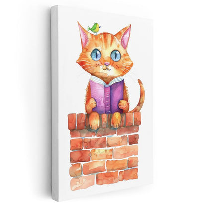 Kitapsever Kedi - Minik Kuşla Okuma Keyfi Kanvas Tablo