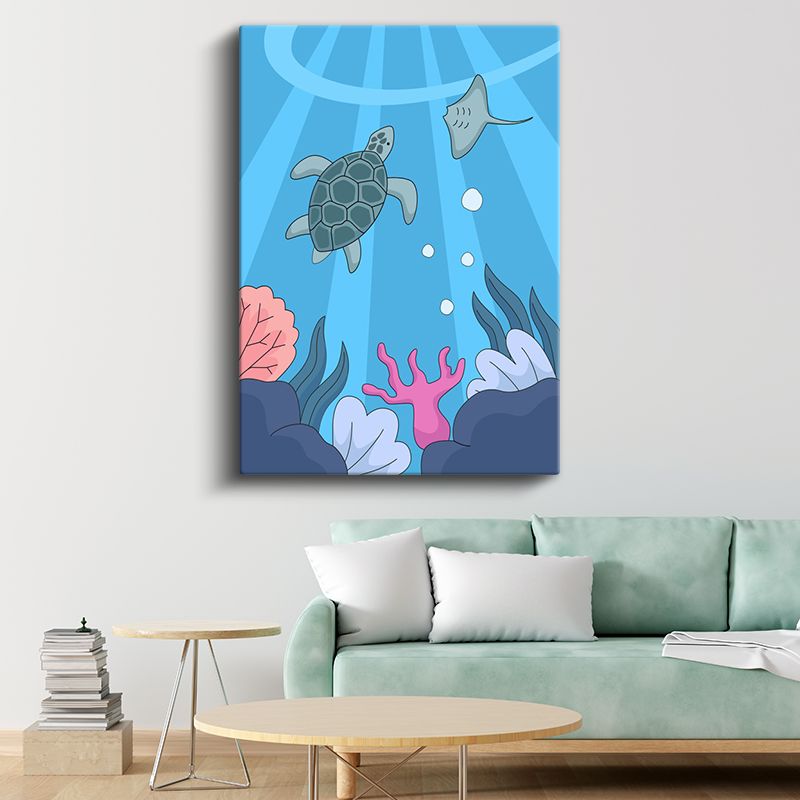 Deniz Kaplumbağası - Renkli Mercanlar Arasında Yüzüş Kanvas Tablo