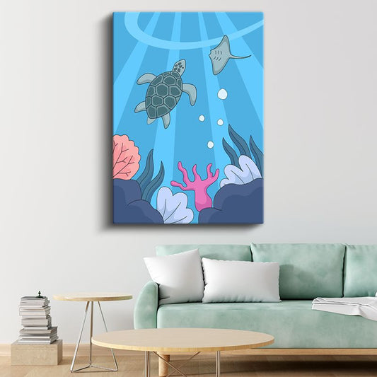 Deniz Kaplumbağası - Renkli Mercanlar Arasında Yüzüş Kanvas Tablo