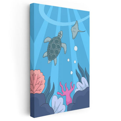 Deniz Kaplumbağası - Renkli Mercanlar Arasında Yüzüş Kanvas Tablo