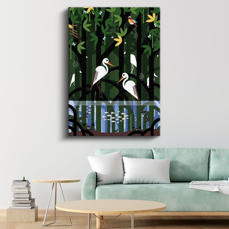 Leylek Dostlar - Yeşil Orman ve Mavi Sular Kanvas Tablo