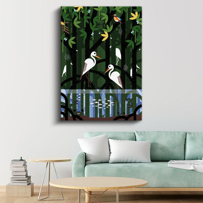Leylek Dostlar - Yeşil Orman ve Mavi Sular Kanvas Tablo