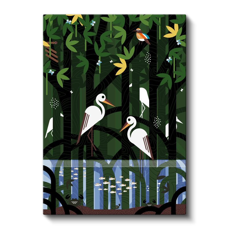 Leylek Dostlar - Yeşil Orman ve Mavi Sular Kanvas Tablo