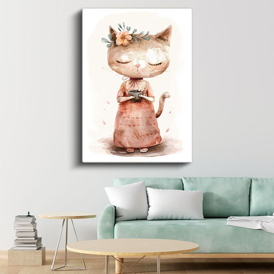 Çay Keyfi - Pembe Elbiseli Kedi Kanvas Tablo