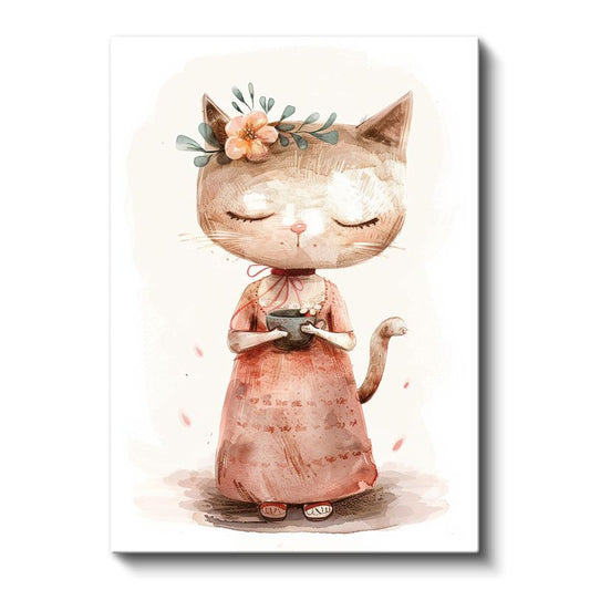 Çay Keyfi - Pembe Elbiseli Kedi Kanvas Tablo