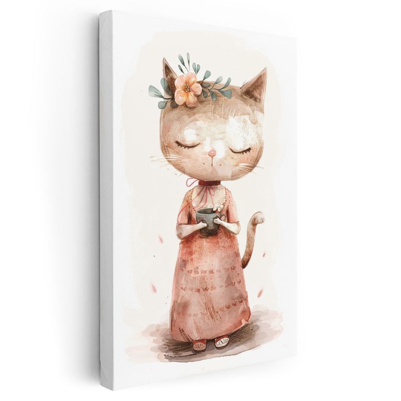 Çay Keyfi - Pembe Elbiseli Kedi Kanvas Tablo