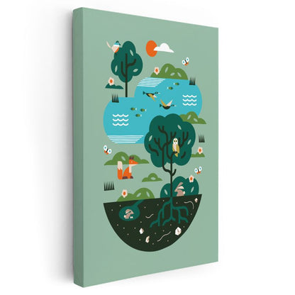 Doğa Ekosistemi - Ağaçlar ve Göl Yaşamı Kanvas Tablo