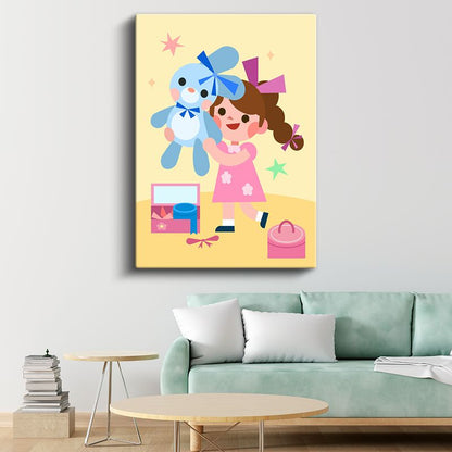Oyuncak Sevgisi - Pembe Elbiseli Kız ve Mavi Ayıcık Kanvas Tablo