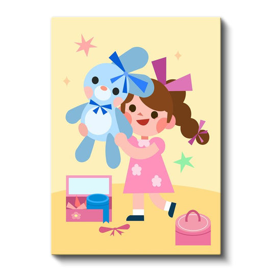 Oyuncak Sevgisi - Pembe Elbiseli Kız ve Mavi Ayıcık Kanvas Tablo