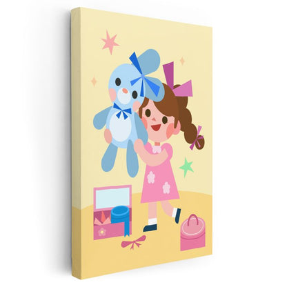 Oyuncak Sevgisi - Pembe Elbiseli Kız ve Mavi Ayıcık Kanvas Tablo