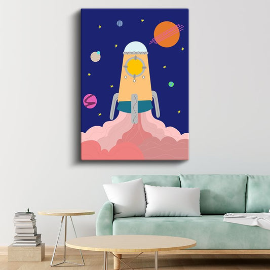 Uzay Roketi - Renkli Gezegenler Arasında Yolculuk Kanvas Tablo