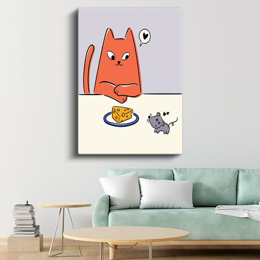 Kedi ve Fare - Peynir Dilimi Etrafında Dostluk Kanvas Tablo