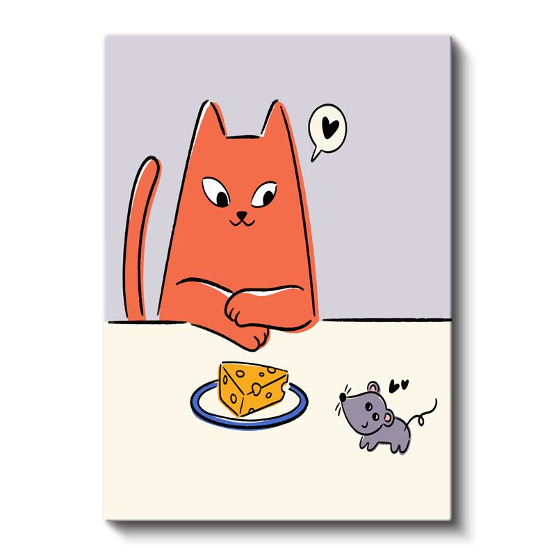 Kedi ve Fare - Peynir Dilimi Etrafında Dostluk Kanvas Tablo