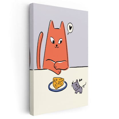 Kedi ve Fare - Peynir Dilimi Etrafında Dostluk Kanvas Tablo