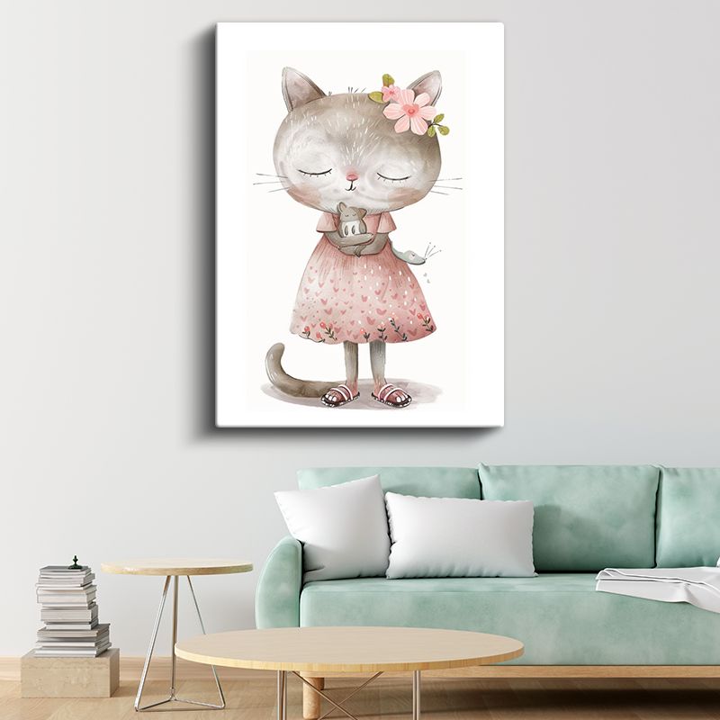 Kedi ve Fare - Pembe Elbiseli Sevimli Dostlar Kanvas Tablo