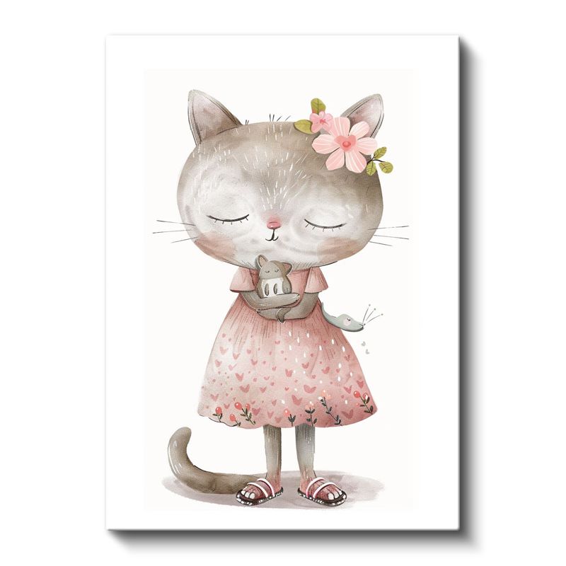 Kedi ve Fare - Pembe Elbiseli Sevimli Dostlar Kanvas Tablo