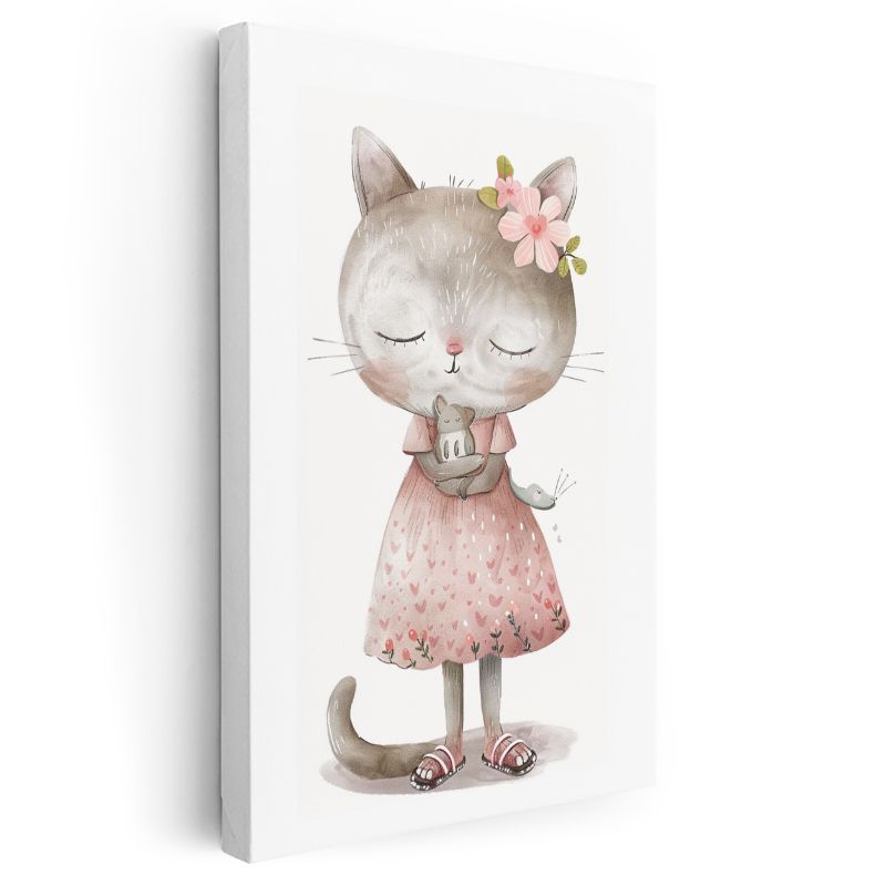 Kedi ve Fare - Pembe Elbiseli Sevimli Dostlar Kanvas Tablo