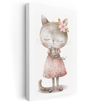 Kedi ve Fare - Pembe Elbiseli Sevimli Dostlar Kanvas Tablo