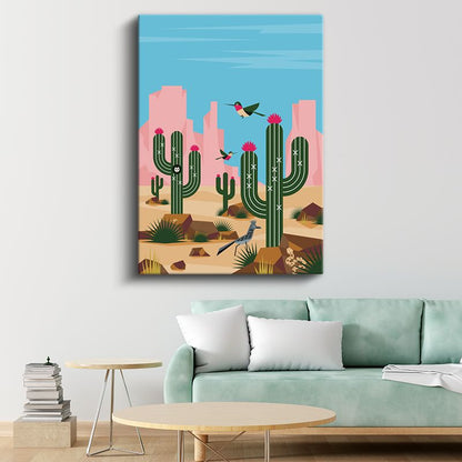 Çöl Kaktüsleri - Sıcak İklim Kuşları Kanvas Tablo