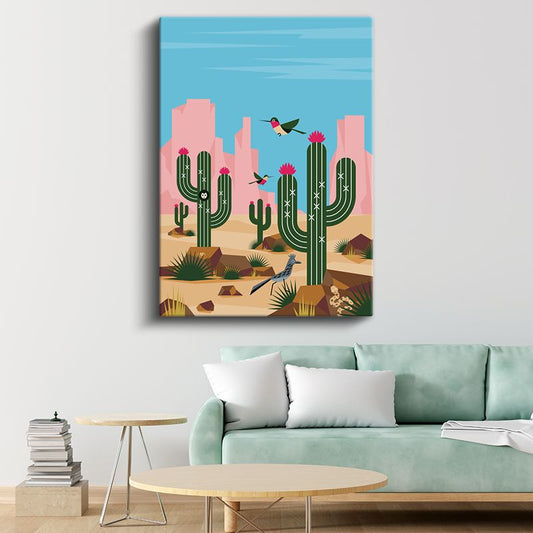 Çöl Kaktüsleri - Sıcak İklim Kuşları Kanvas Tablo