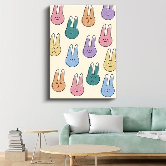 Tavşan Dostlar - Renkli Yüzler Deseni Kanvas Tablo