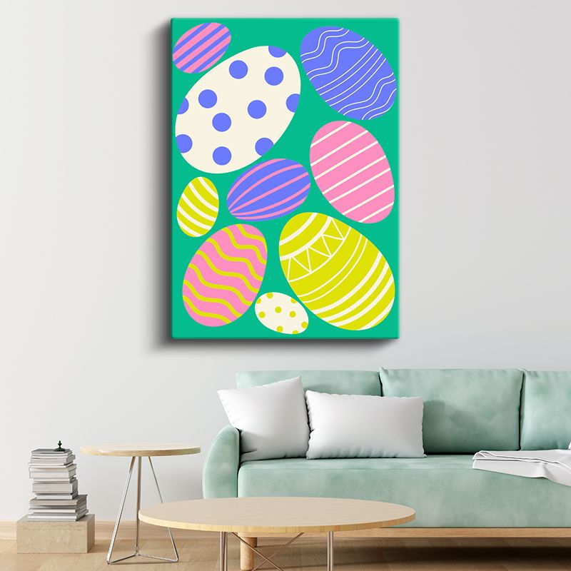 Paskalya Yumurtaları - Yeşil Zeminde Renkli Desen Kanvas Tablo